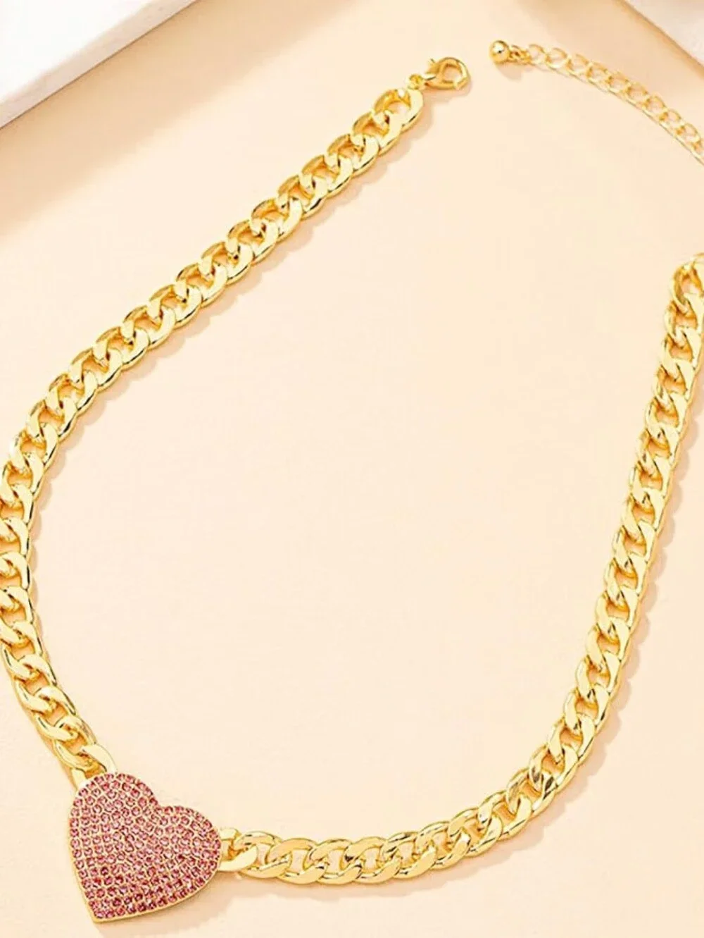 Rhinestone Heart Necklace Choker Cuban Link Chunk Statement